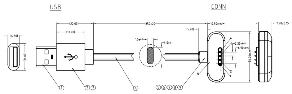 Magnetic usb charging connector with cable